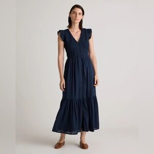 NWT Quince Navy Organic Textured Cotton Smocked V-Neck Midi Dress w/ Pockets, S